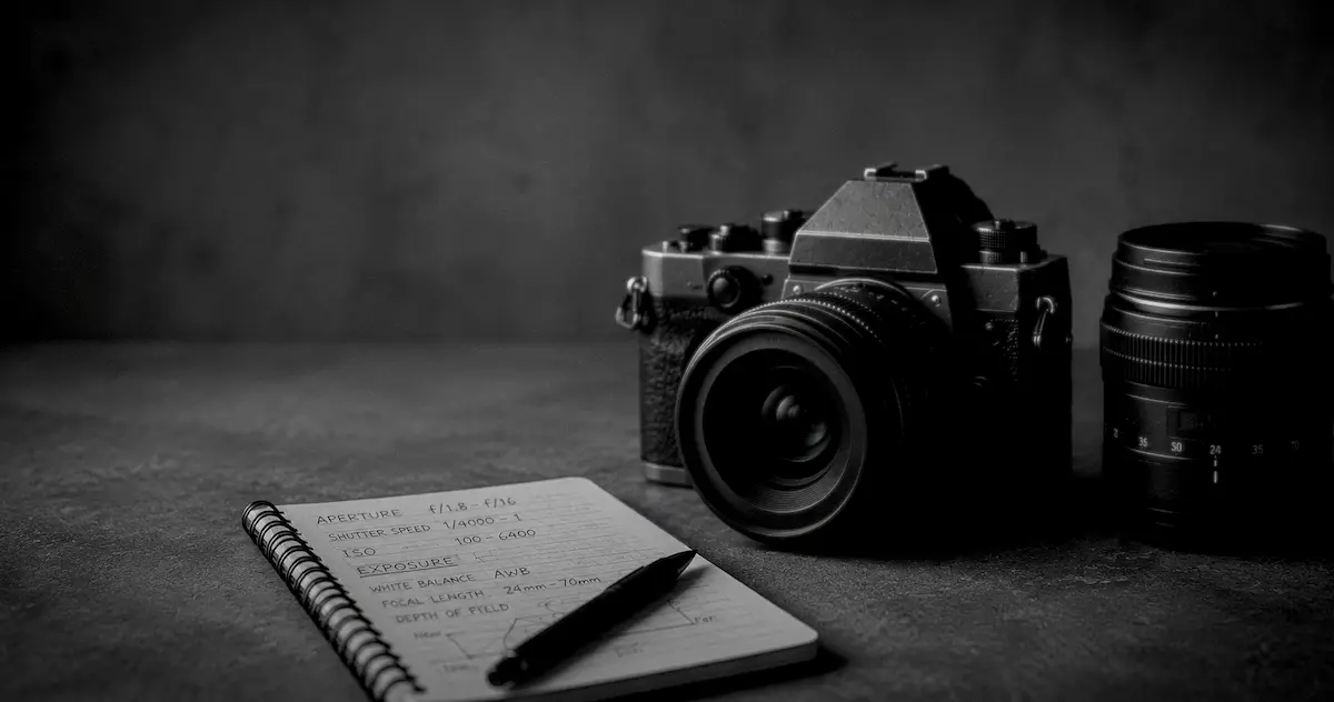 カメラと写真用語を書いたメモ用紙（モノトーン・工房風）